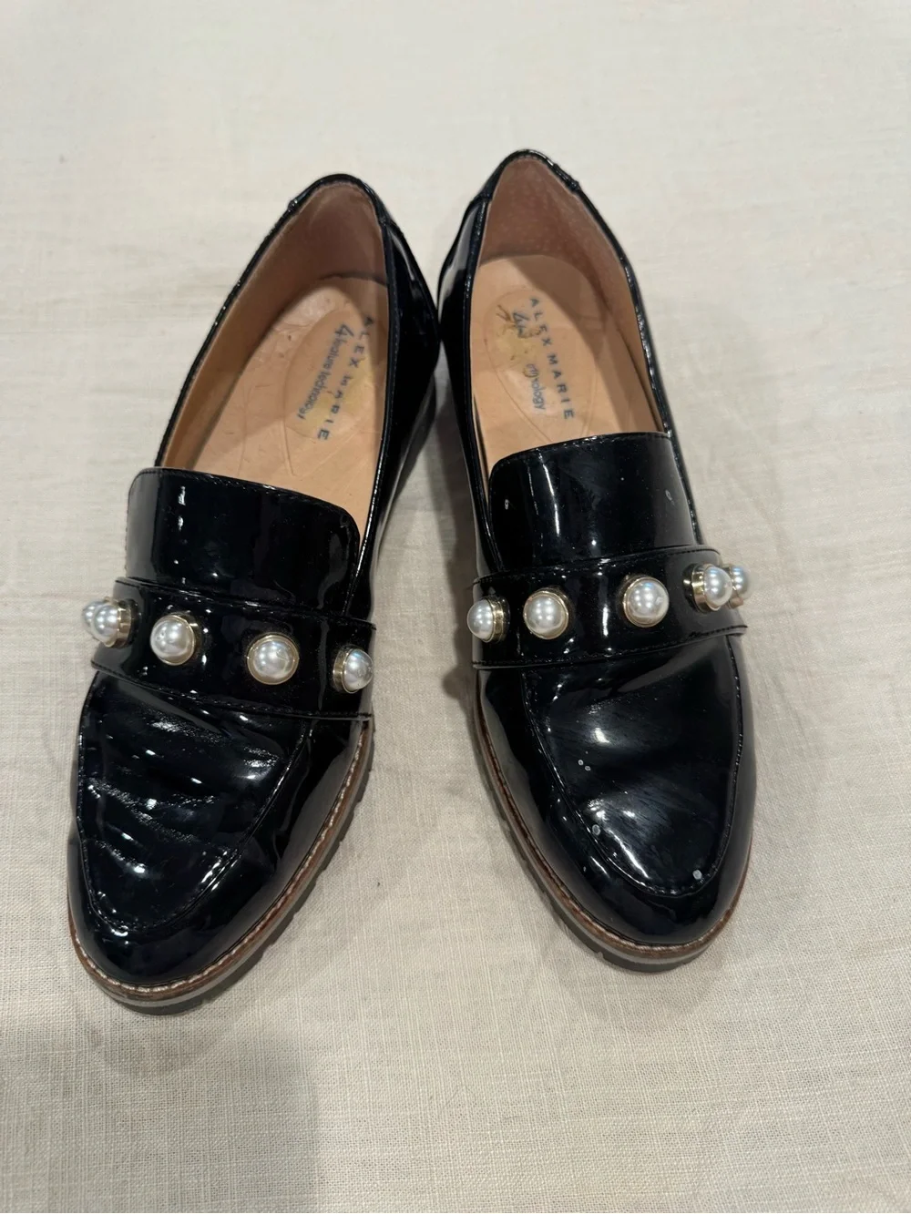Alex Marie Black Patent Loafers with Pearl Accents